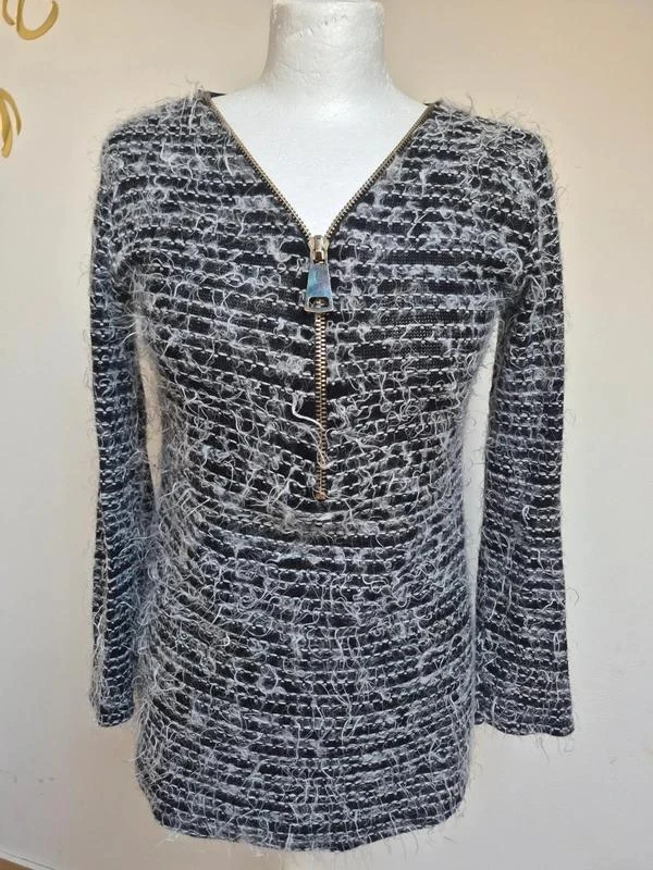 Pull vintage zippé noir et blanc texturé taille unique